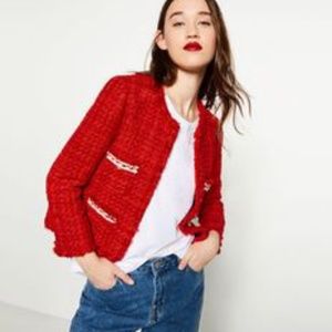Zara Red Tweed Boucle Blazer Jacket